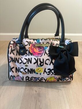 Betsey Johnson Pink Floral Logo Satchel with Black Trim and Bow